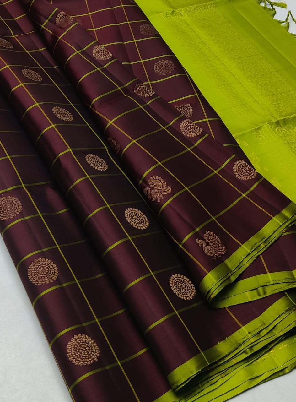 Classic Dark Chocolate & Lime Green Elegance Handloom Soft Silk Saree SS23960