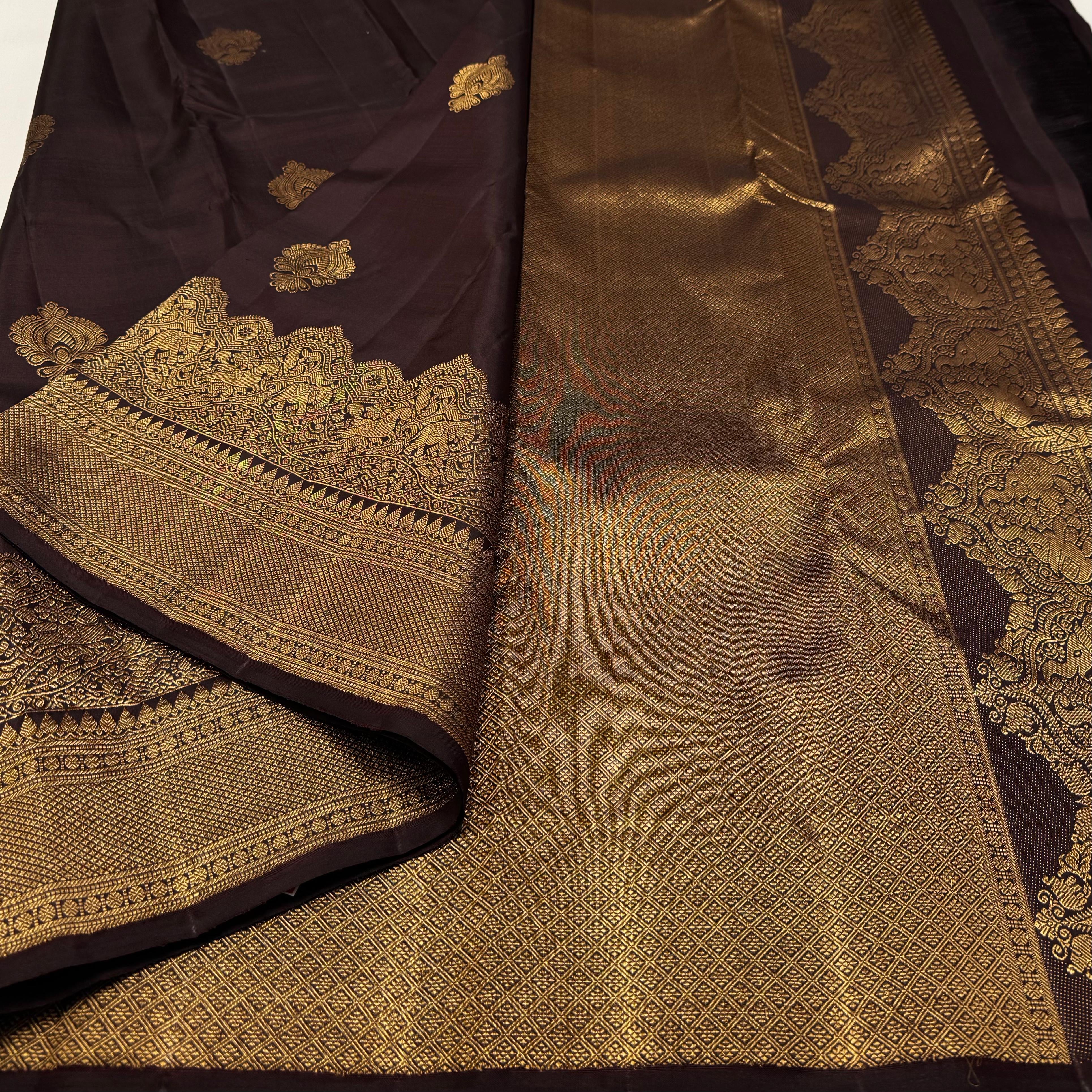 Classic Coffee Brown 2gm Zari Korvai Bridal Elegance Kanchipuram Handloom Silk Saree SS24223