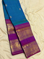 Load image into Gallery viewer, Classic Peacock Blue &amp; Vadamalli 2gm Zari Elegance Kanchipuram Handloom Silk Saree SS28290
