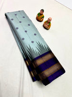 Load image into Gallery viewer, Classic Ice Blue &amp; Navy Blue Korvai Temple Border Elegance Kanchipuram Handloom Silk Saree SS27996
