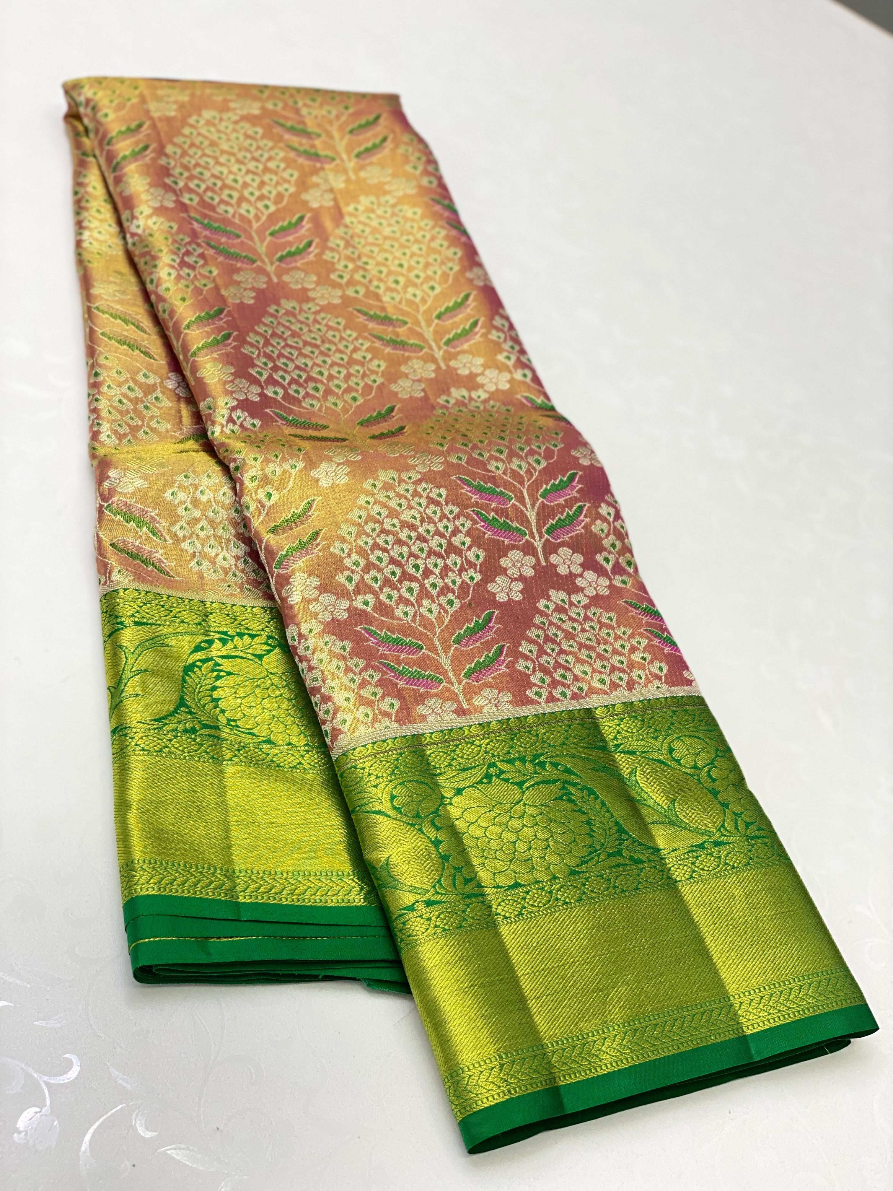 Classic Pastel Orange & Parrot Green 2gm Zari Elegance Kanchipuram Handloom Silk Saree SS24262