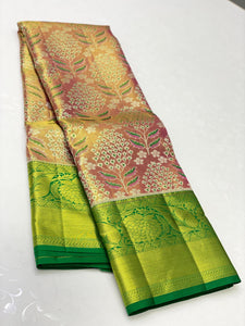 Classic Pastel Orange & Parrot Green 2gm Zari Elegance Kanchipuram Handloom Silk Saree SS24262