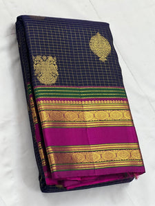 Classic Navy Blue & Pink 2gm Zari Kanchipuram Handloom Silk Saree SS25845