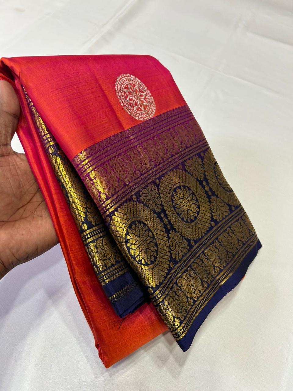Classic Dual Red & Pink Navy Blue 2gm Zari Peacock & Rudraksha Designed Elegance Kanchipuram Handloom Silk Saree SS25384
