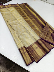 Classic Butter Cream & Violet 2gm Zari Bridal Elegance Kanchipuram Tissue Handloom Silk Saree SS24765