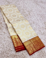 Load image into Gallery viewer, Classic Offwhite &amp; Brick Red 2gm Zari Bridal Elegance Kanchipuram Handloom Silk Saree SS25551
