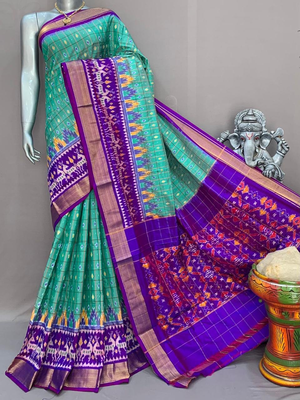 Classic Sea Green & Purple Ikkat Elegance Handloom Soft Silk Saree SS23116