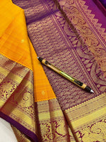 Load image into Gallery viewer, Classic Golden Yellow &amp; Plum Elegance Kanchipuram Handloom Silk Saree SS27843
