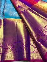 Load image into Gallery viewer, Classic Azure Blue &amp; Vadamalli Purple 2gm Zari Bridal Elegance Kanchipuram Handloom Silk Saree SS25355
