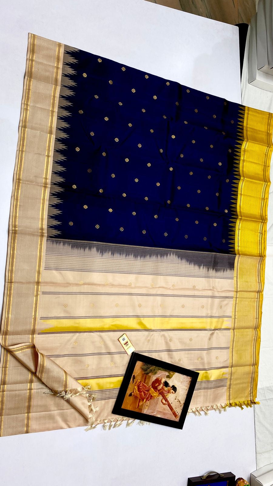 Classic Royal Blue Cream & Yellow Kanchipuram Handloom Silk Saree SS26263
