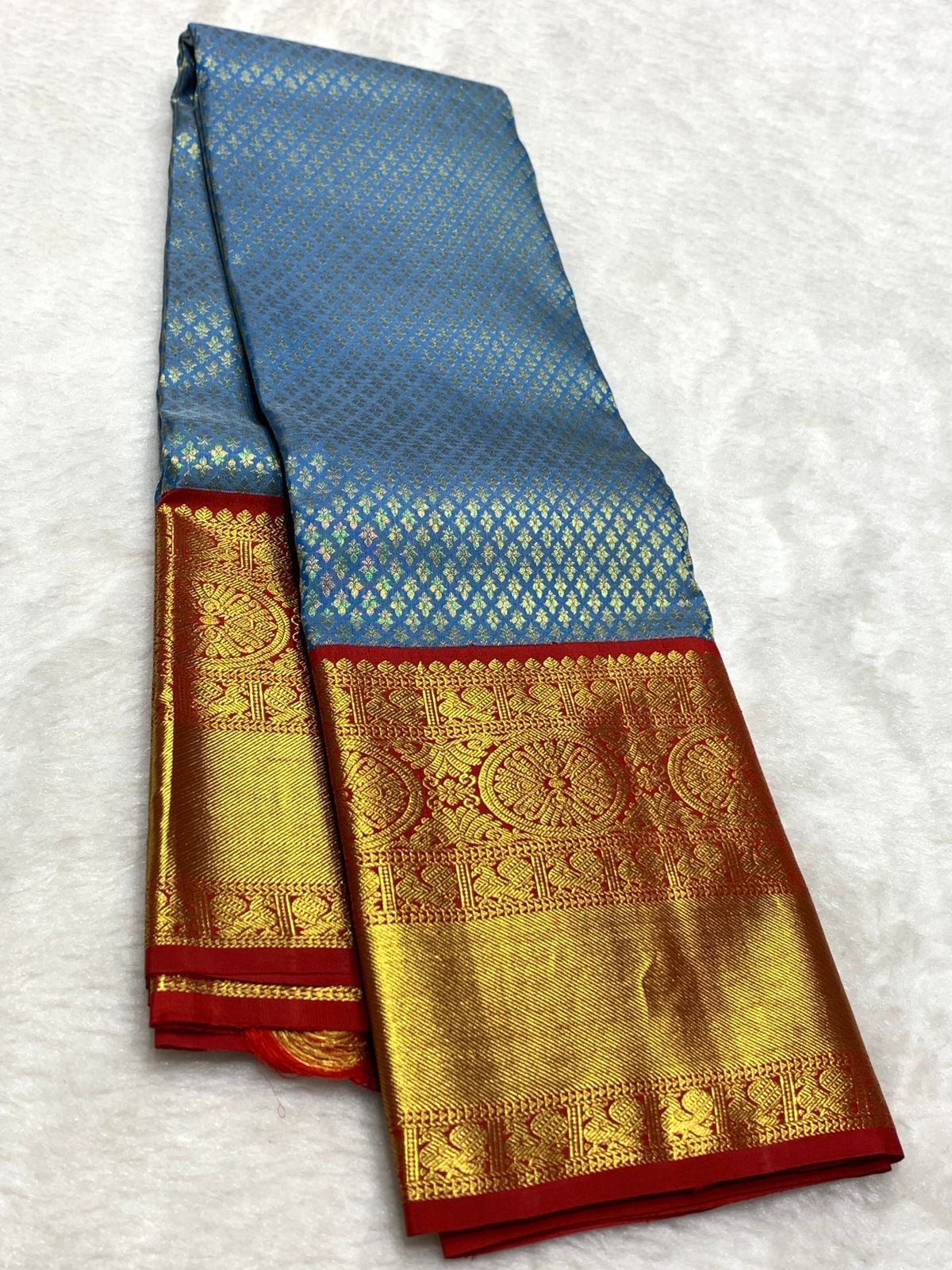 Classic Steel Blue & Brick Red 2gm Zari Bridal Elegance Kanchipuram Handloom Silk Saree SS25835