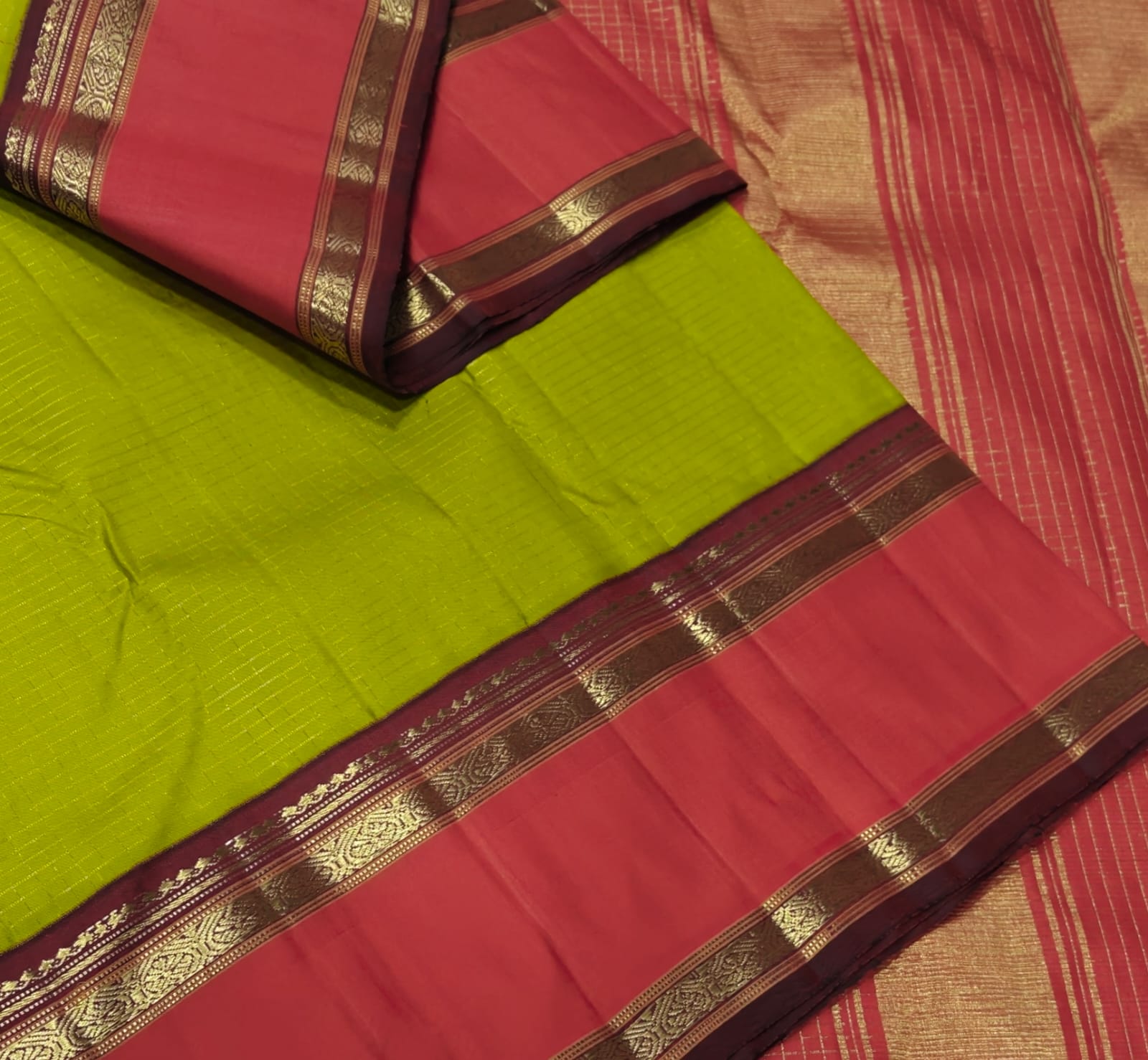 Classic Olive Green & Shadow Rose 2gm Zari Korvai Kanchipuram Handloom Silk Saree SS26644