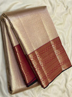 Load image into Gallery viewer, Classic Rose Gold &amp; Garnet Red Diagonal Rectangular Design Brocade 2gm Zari Bridal Elegance Kanchipuram Handloom Silk Saree SS27412
