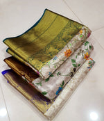 Load image into Gallery viewer, Classic White Silver Floral Embroidery 1gm Zari Elegance Kanchipuram Tissue Handloom Silk Saree SS24683
