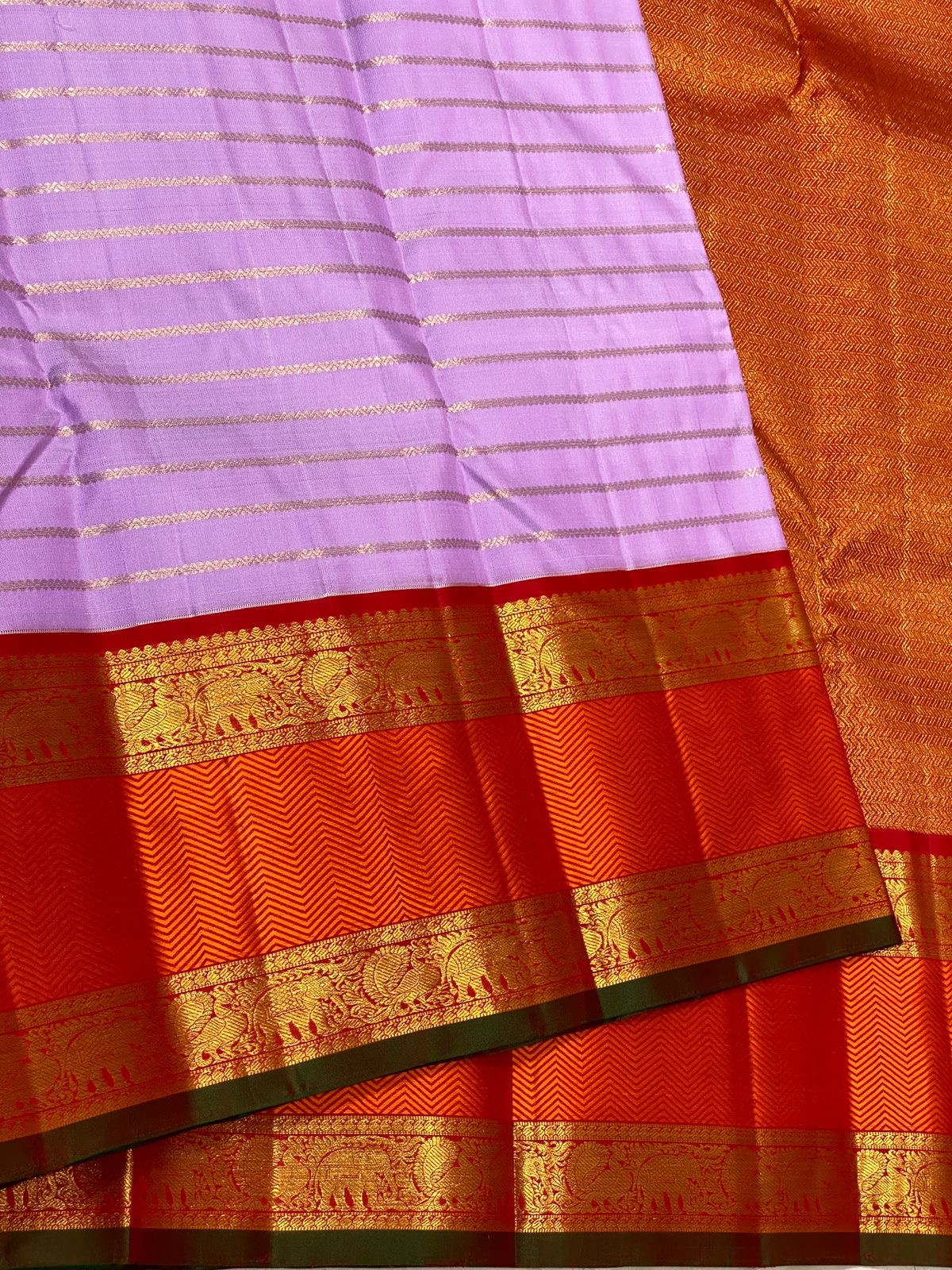 Classic Lilac & Orange 3gm Zari Vaira Oosi Beldari Design Elegance Kanchipuram Handloom Silk Saree SS24441