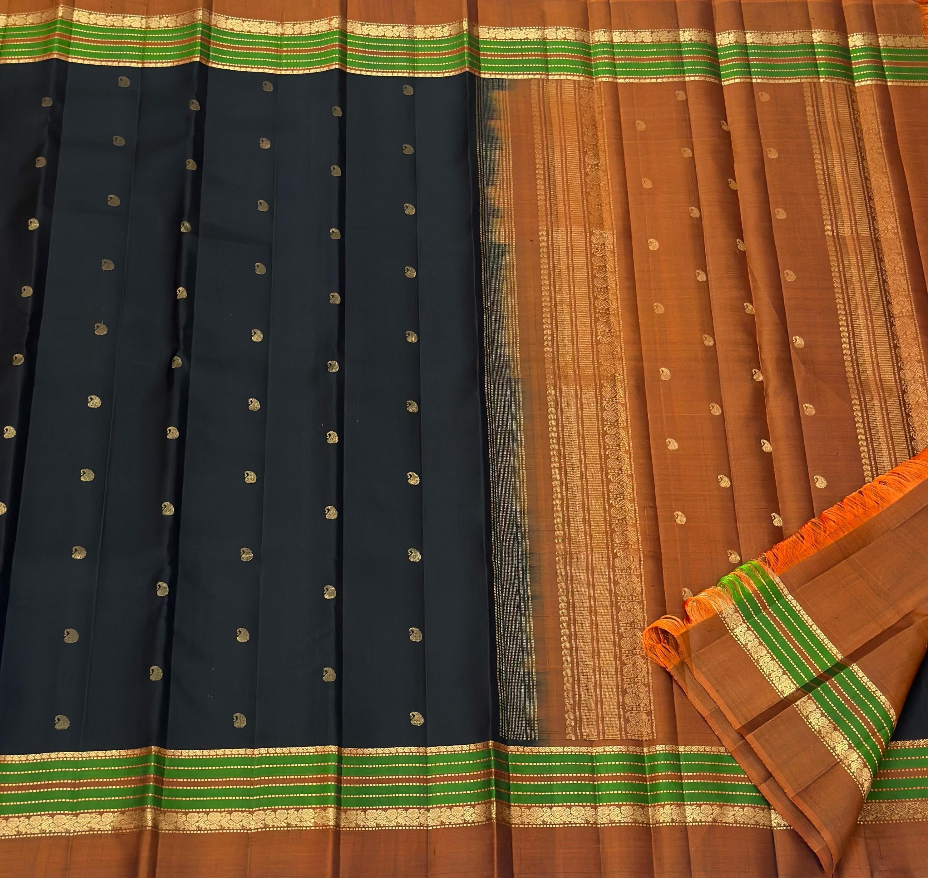 Classic Charcoal Black & Mustard 1gm Zari Elegance Kanchipuram Handloom Silk Saree SS24772