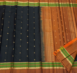 Classic Charcoal Black & Mustard 1gm Zari Elegance Kanchipuram Handloom Silk Saree SS24772