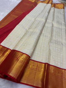 Classic White & Chilly Red 2gm Zari Bridal Elegance Kanchipuram Handloom Silk Saree SS24478