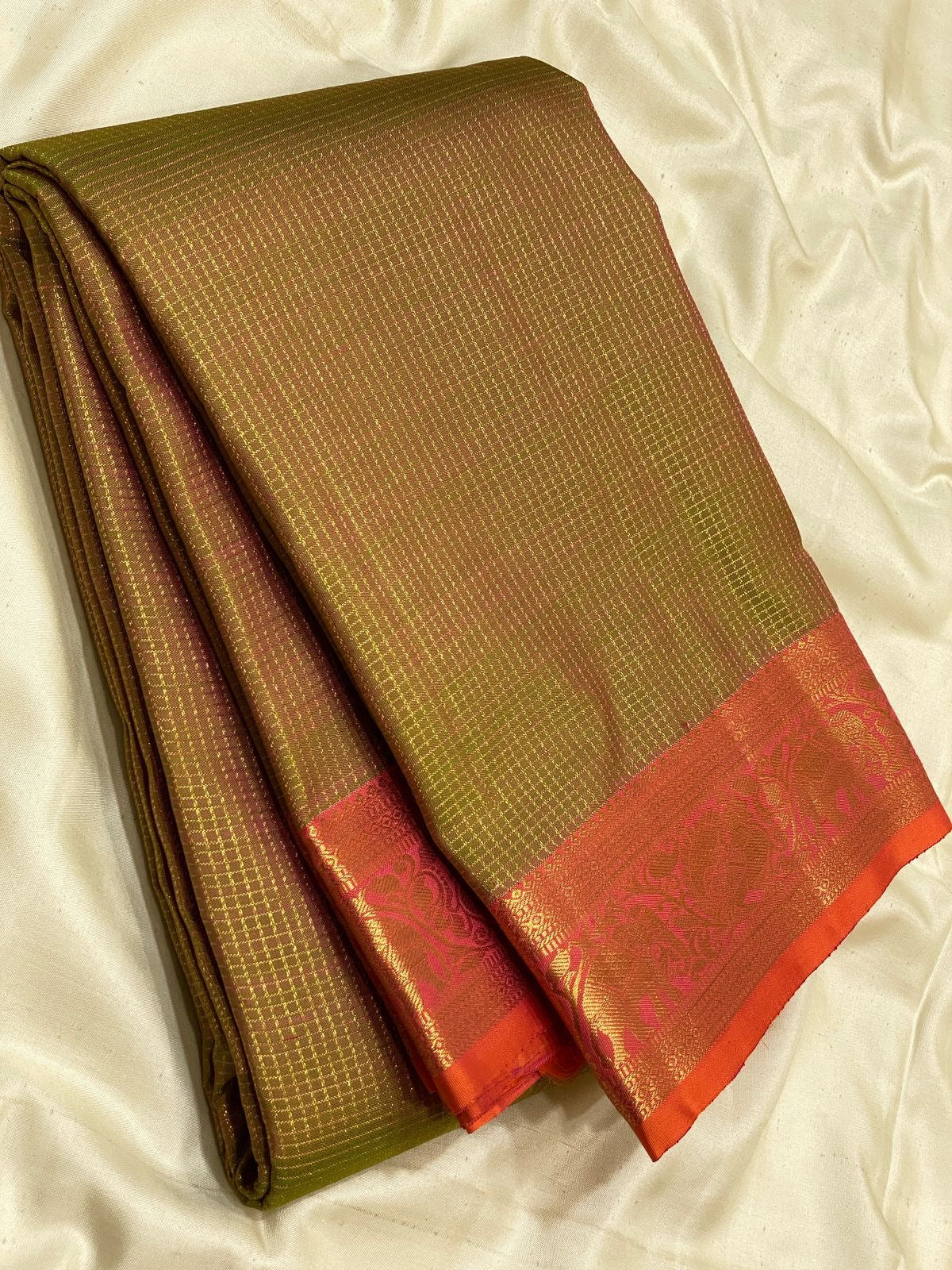 Dual Brownish Green & Orange 2gm Zari Vaira Oosi Elegance Kanchipuram Handloom Silk Saree SS25380