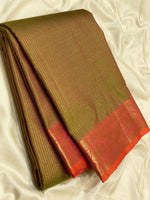 Load image into Gallery viewer, Dual Brownish Green &amp; Orange 2gm Zari Vaira Oosi Elegance Kanchipuram Handloom Silk Saree SS25380
