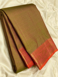 Dual Brownish Green & Orange 2gm Zari Vaira Oosi Elegance Kanchipuram Handloom Silk Saree SS25380