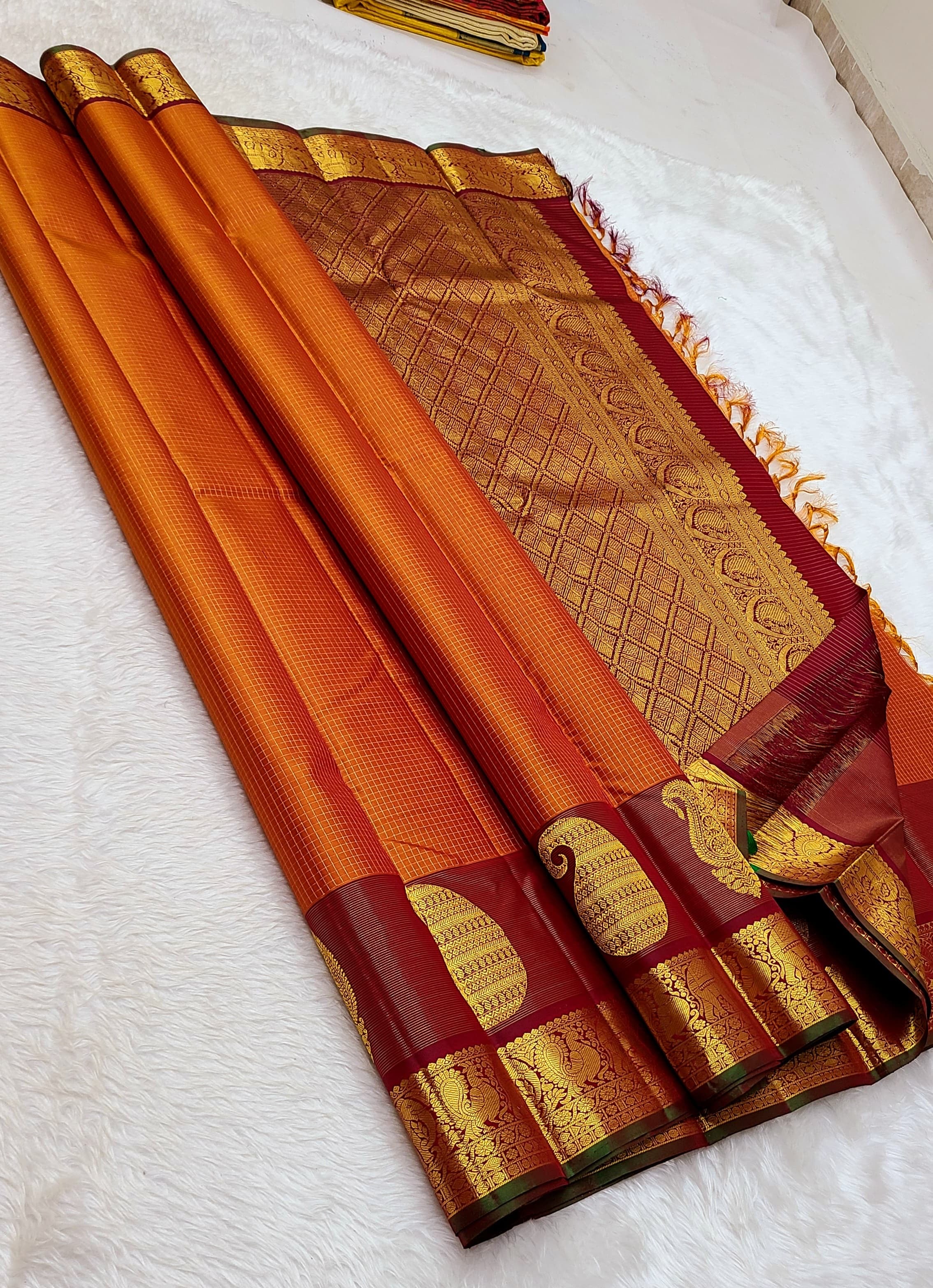 Classic Apricot Orange 2gm Zari Kanchipuram Handloom Silk Saree SS26365