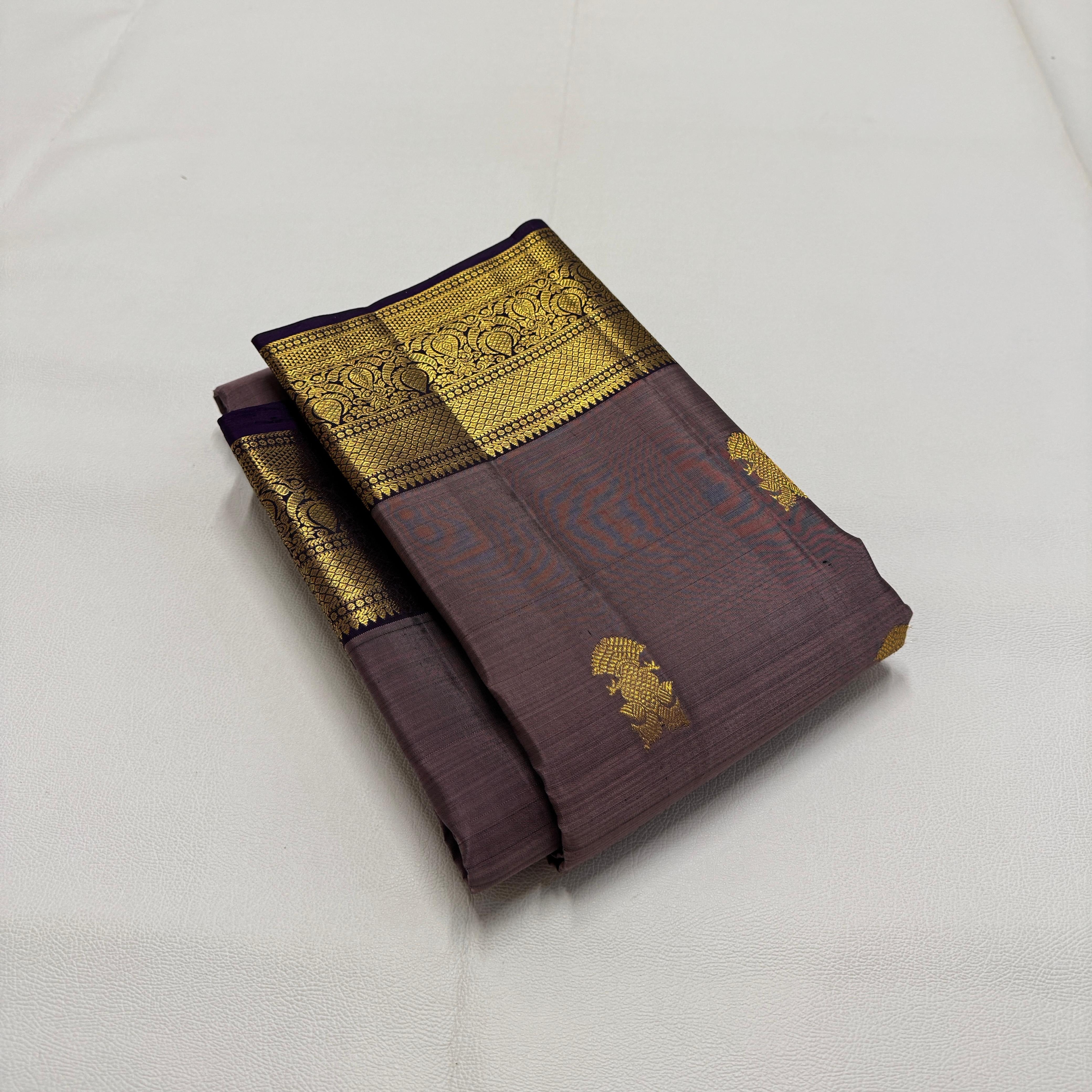 Classic Cocoa Chocolate & Eminence Purple 2gm Zari Kanchipuram Handloom Silk Saree SS26054