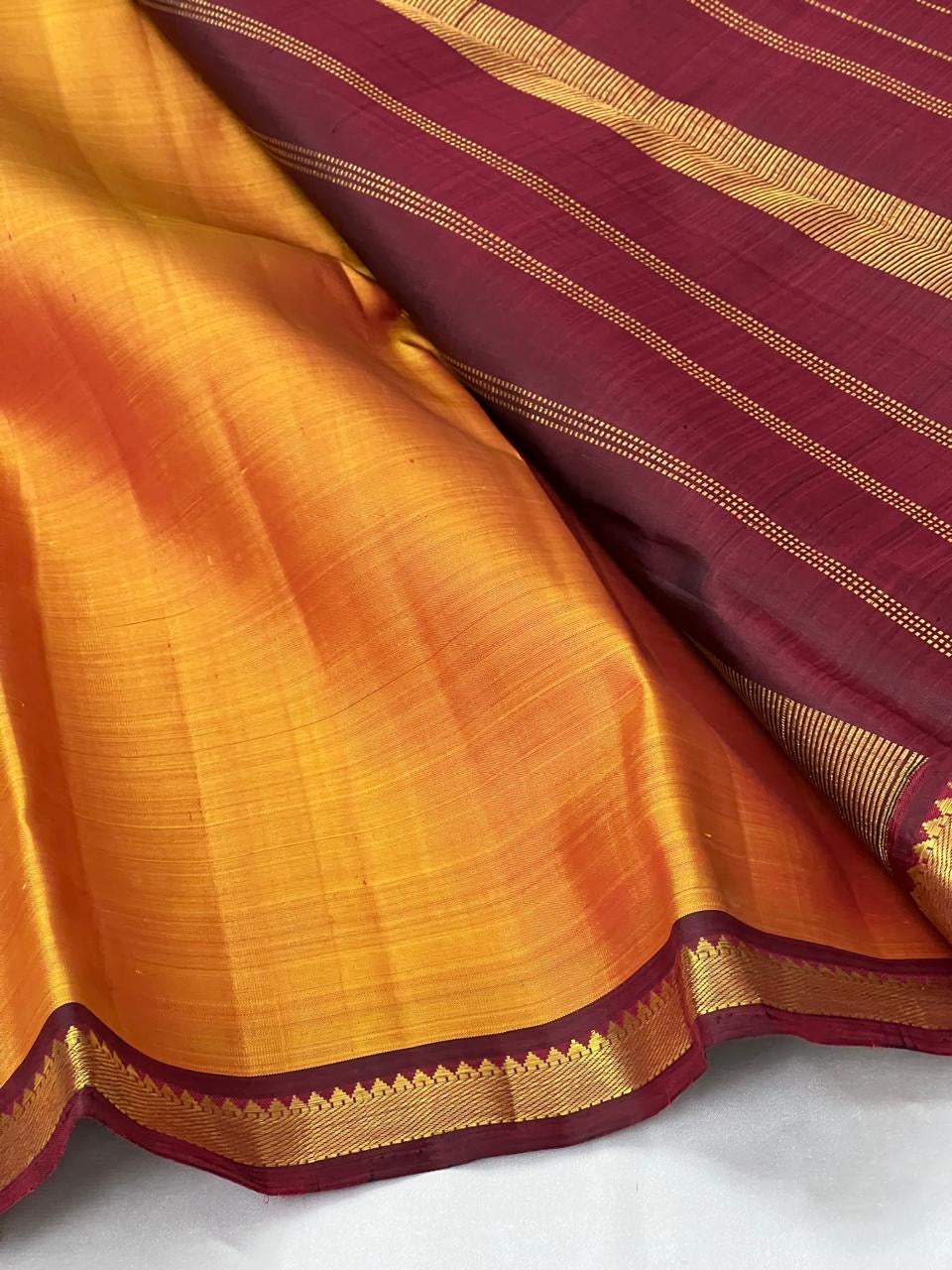 Mustard Orange & Maroon 2gm Zari Bridal Elegance Kanchipuram Handloom Silk Saree SS23761