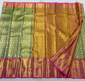 Pastel Green & Fuchsia Pink 2gm Zari Brocade Bridal Elegance Kanchipuram Handloom Silk Saree SS23641