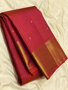 Classic Orange Pink 2gm Zari Vaira Oosi Checks Elegance Kanchipuram Handloom Silk Saree SS24738