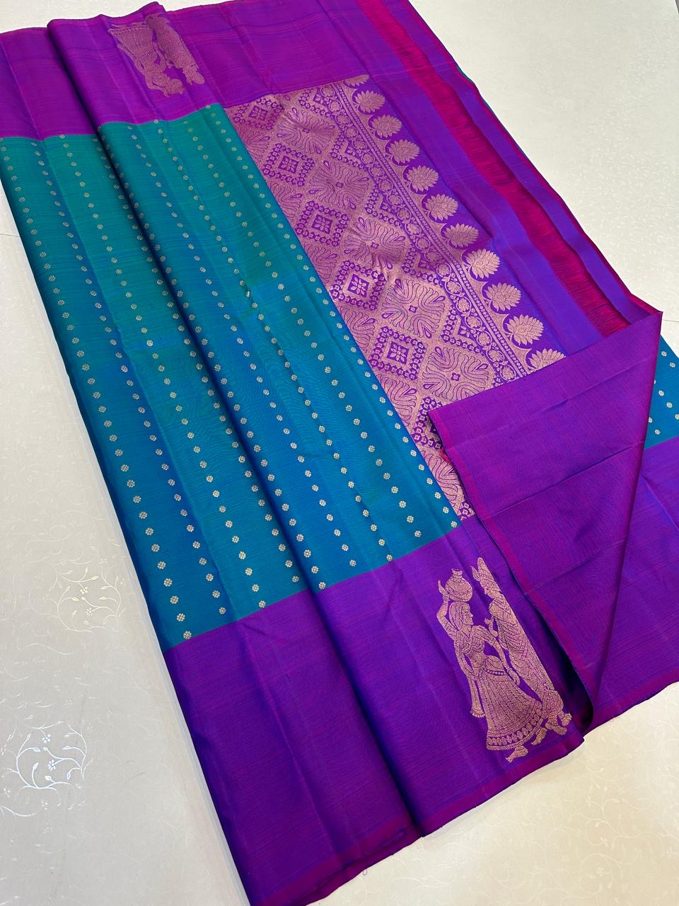 Classic Azure Blue & Purple Elegance Kanchipuram Handloom Silk Saree SS25340