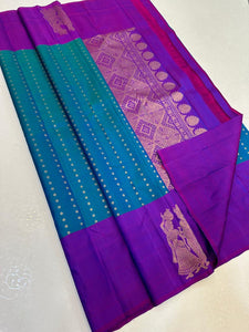 Classic Azure Blue & Purple Elegance Kanchipuram Handloom Silk Saree SS25340