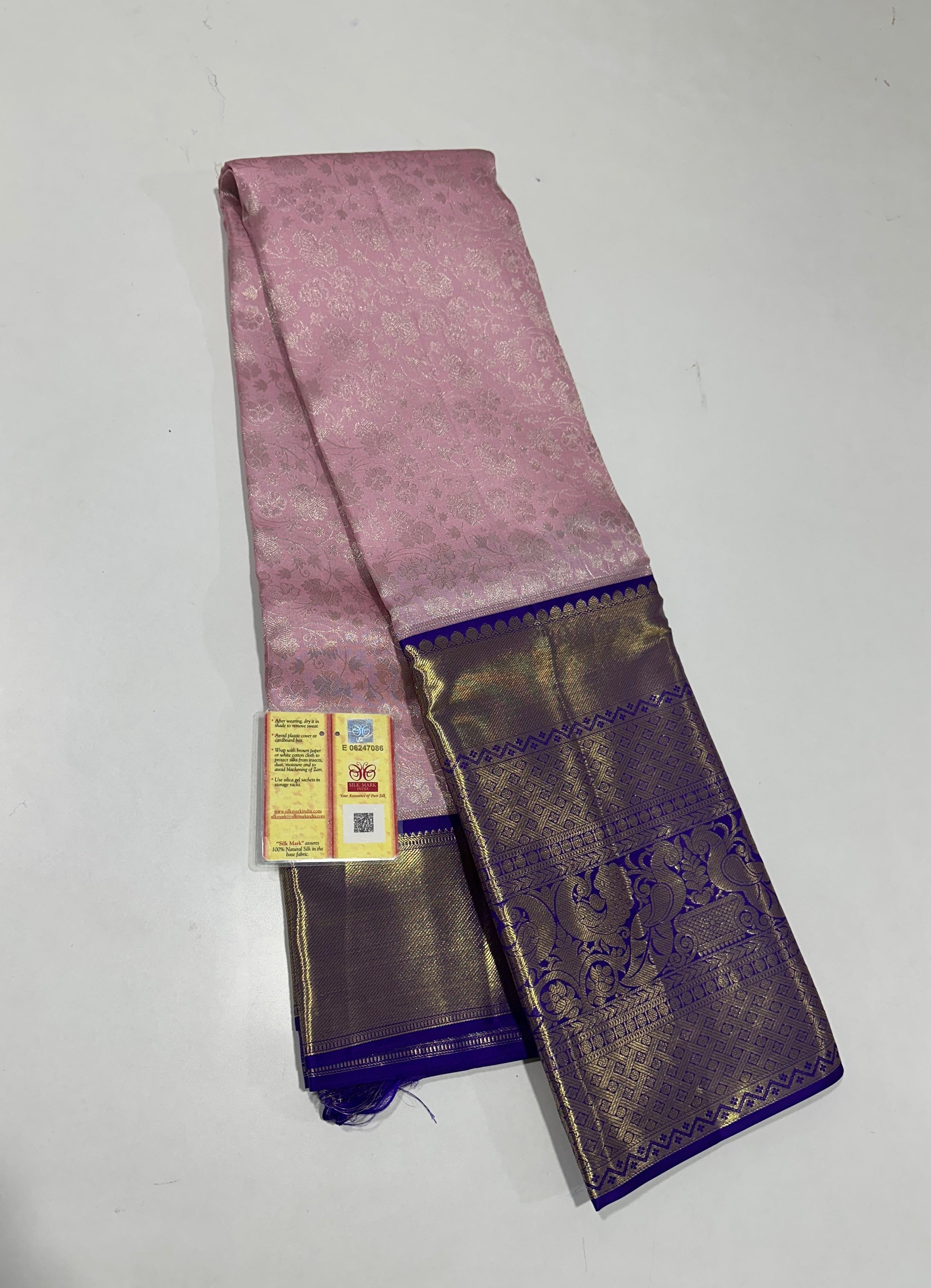 Classic Pink & Blue 2gm Zari Brocade Bridal Elegance Kanchipuram Handloom Silk Saree SS25770