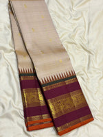 Load image into Gallery viewer, Classic Pearl Beige &amp; Plum 2gm Zari Elegance Kanchipuram Handloom Silk Saree SS28592
