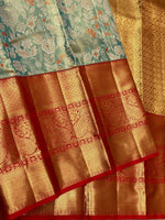 Load image into Gallery viewer, Classic Pastel Blue &amp; Chilli Red 2gm Zari Tissue Brocade Bridal Elegance Kanchipuram Handloom Silk Saree SS27098
