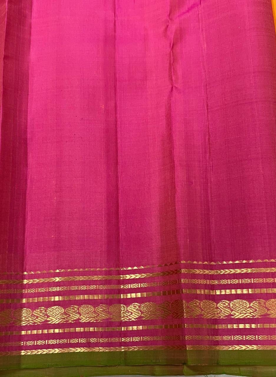 Classic Melon Orange & Dark Pink 2gm Zari Bridal Elegance Kanchipuram Handloom Silk Saree SS24770