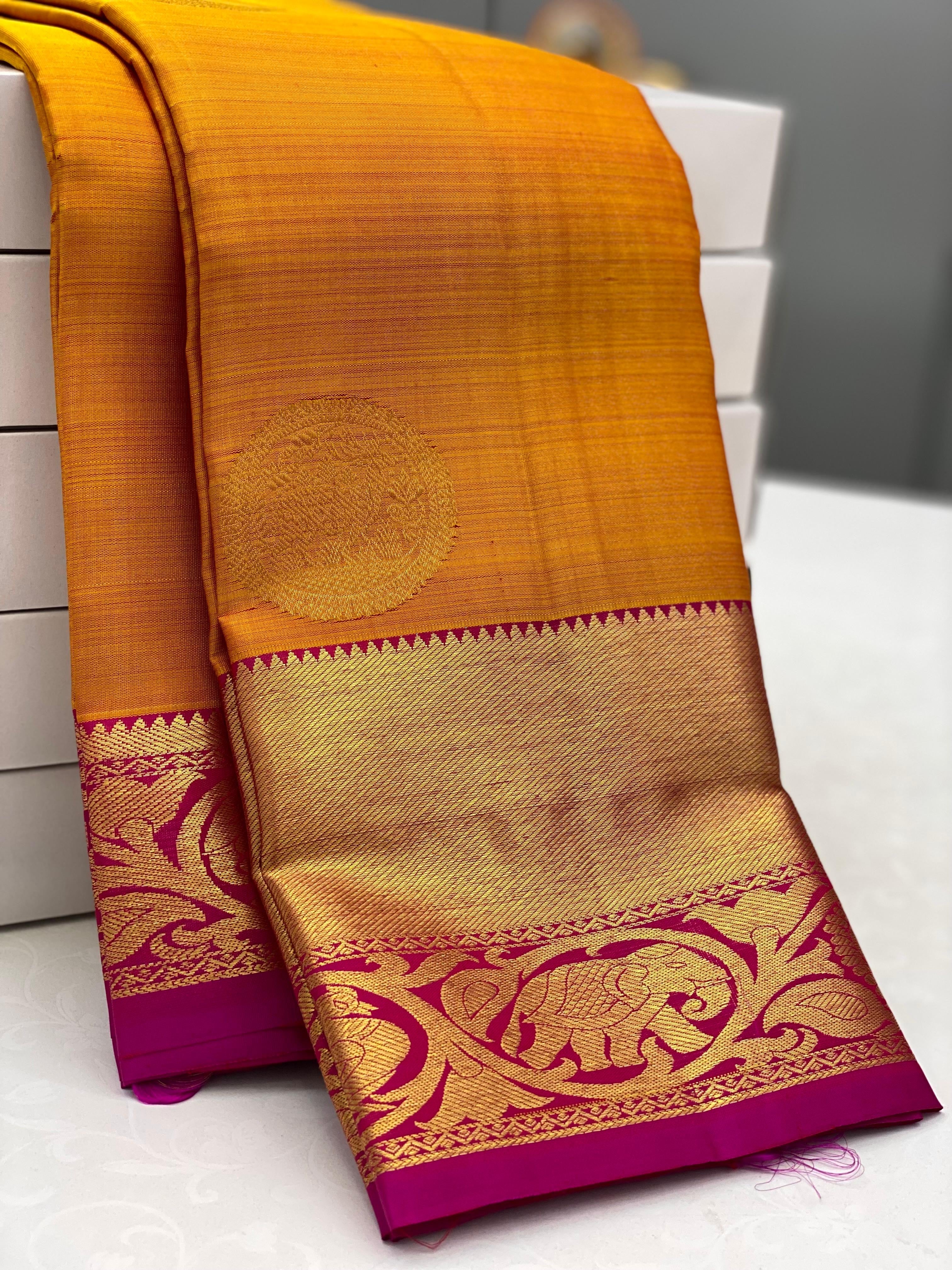 Classic Golden Yellow & Dark Pink 1gm Zari Kanchipuram Handloom Silk Saree SS26606