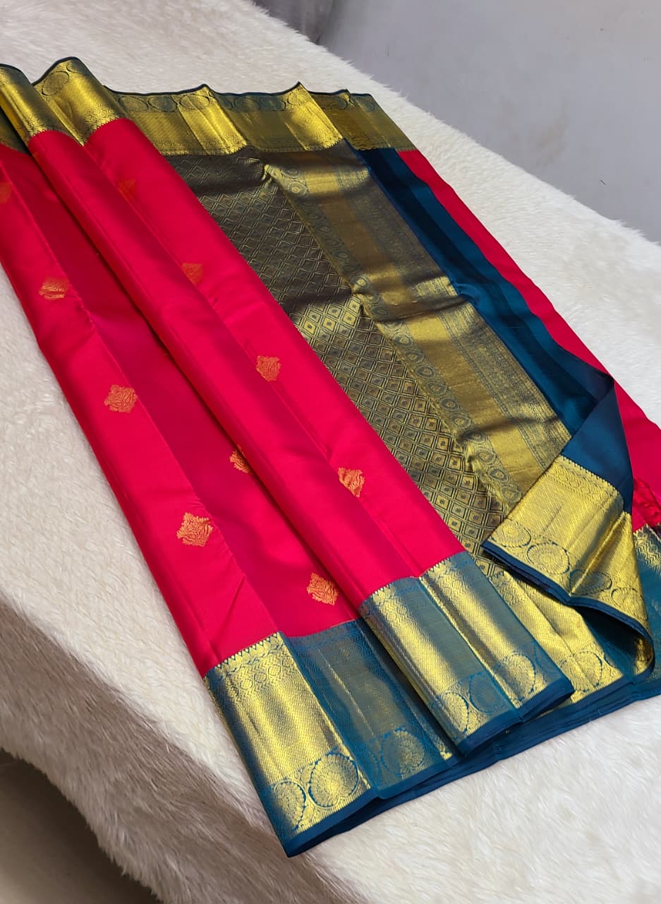 Classic Hot Pink & Peacock Blue 2gm Zari Kanchipuram Handloom Silk Saree SS26381