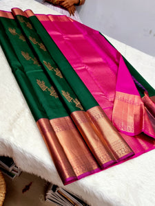 Classic Green & Fiery Pink 1gm Zari Elegance Kanchipuram Handloom Silk Saree SS24345