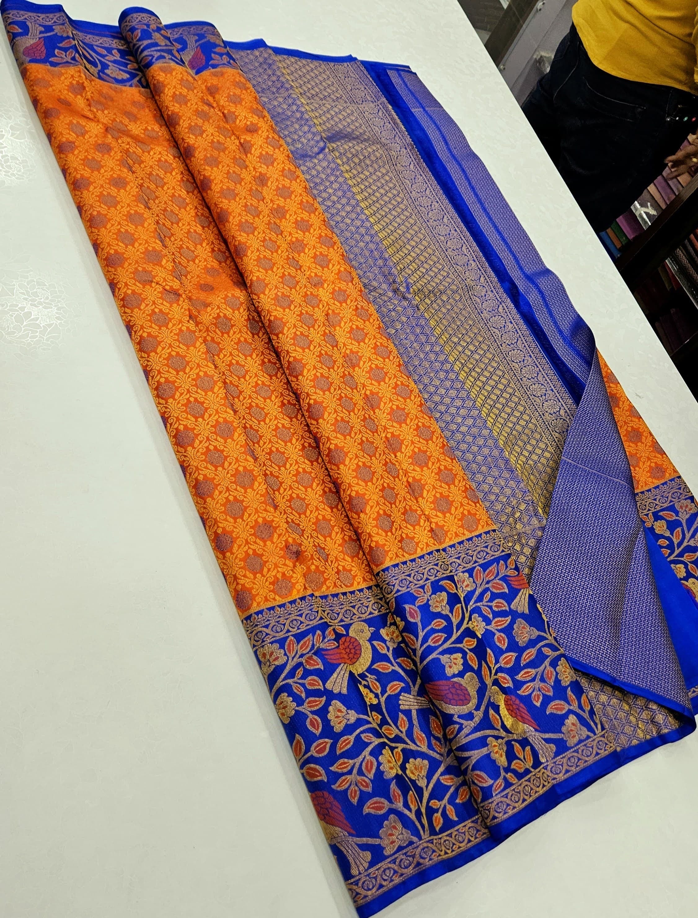 Classic Marigold Yellow & Robin Blue 1gm Zari Korvai Elegance Kanchipuram Handloom Silk Saree SS25189