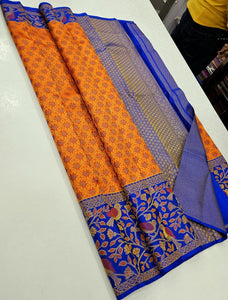 Classic Marigold Yellow & Robin Blue 1gm Zari Korvai Elegance Kanchipuram Handloom Silk Saree SS25189