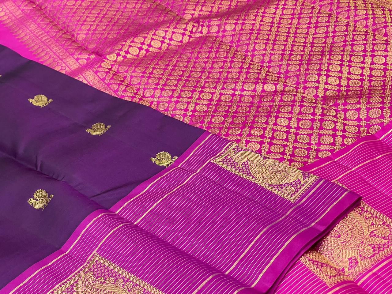 Classic Plum & Fuchsia Pink 1gm Zari Elegance Kanchipuram Handloom Silk Saree SS24711