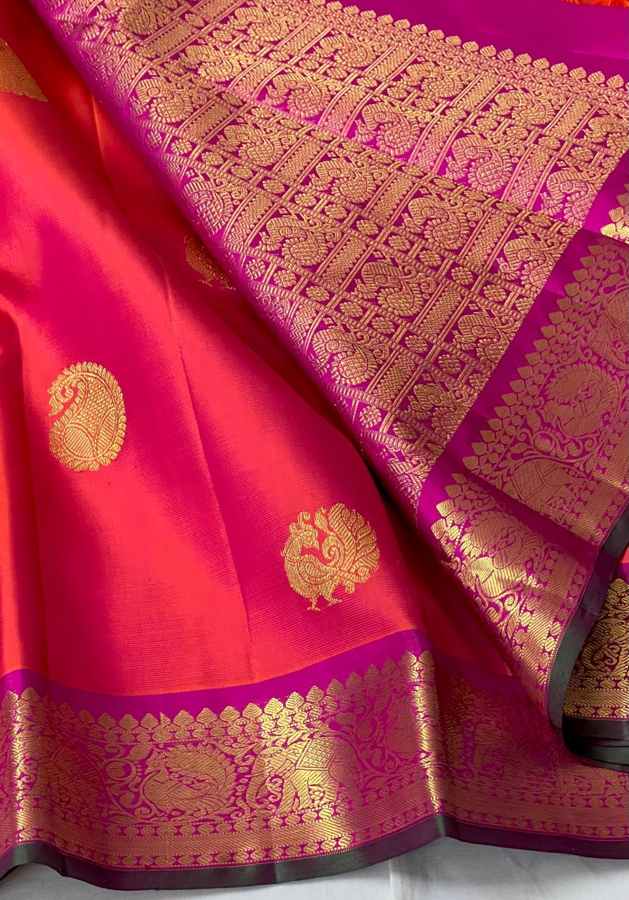 Classic Orange & Fuchsia Pink 2gm Zari Elegance Kanchipuram Silk Saree SS23874