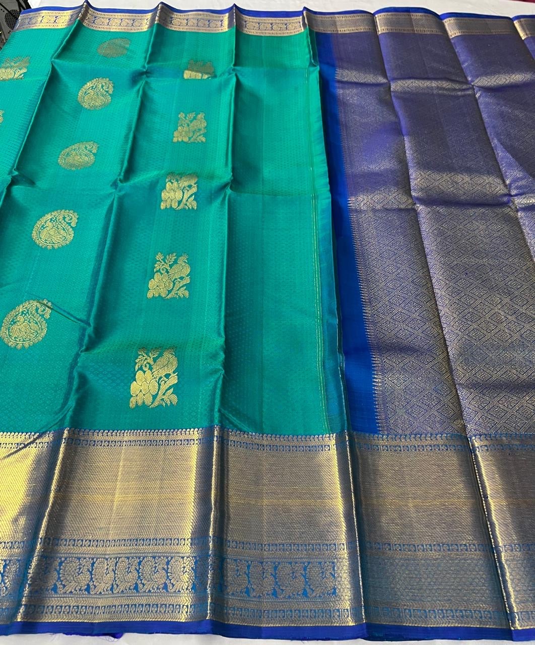 Classic Sea Green & Royal Blue 2gm Zari Elegance Kanchipuram Handloom Silk Saree SS24126