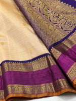 Load image into Gallery viewer, Classic Cream &amp; Violet Purple 2gm Zari Elegance Kanchipuram Handloom Silk Saree SS25293
