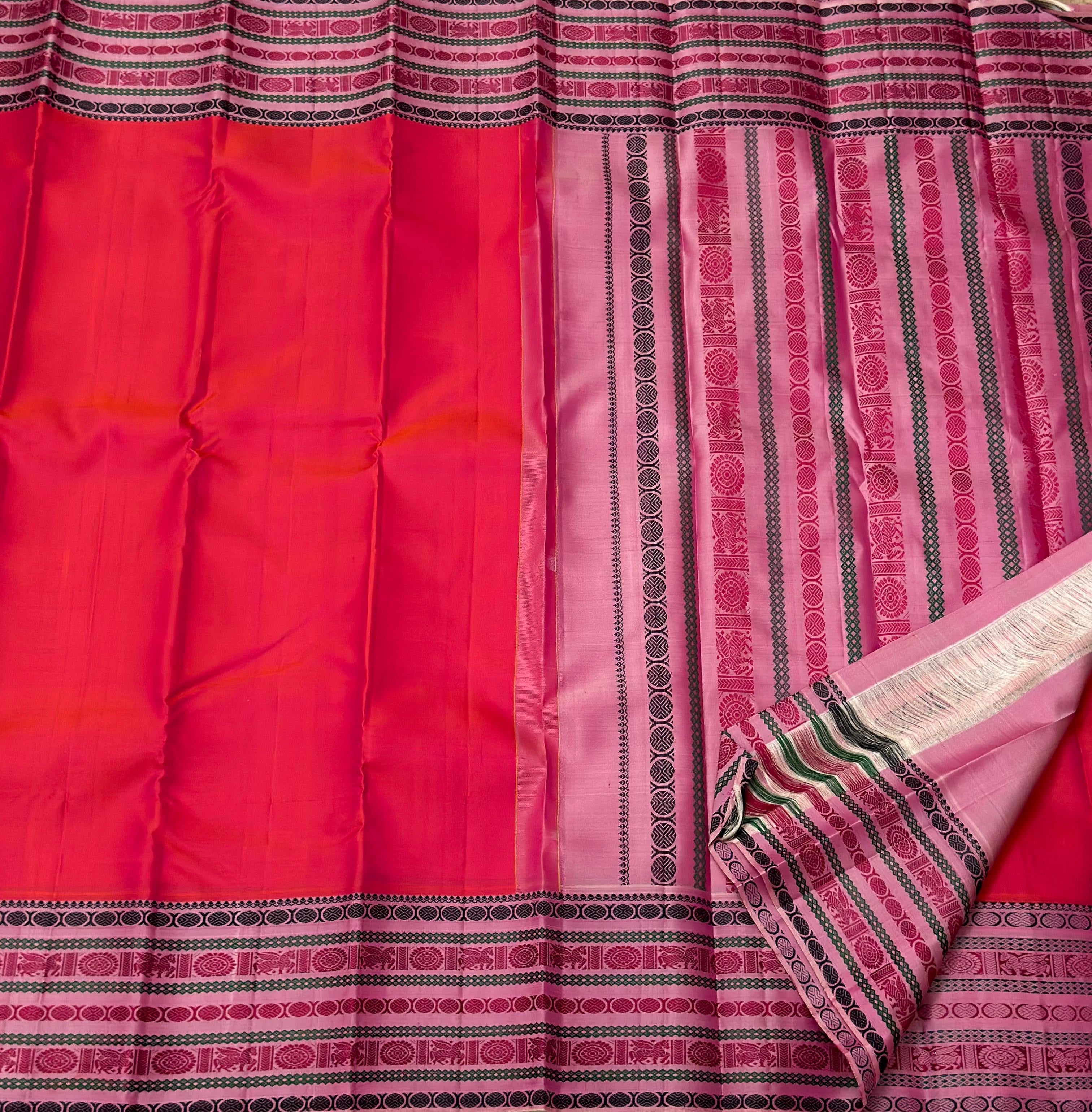 Classic Pinkish Orange & Pink 1gm Zari Elegance Kanchipuram Handloom Silk Saree SS23549