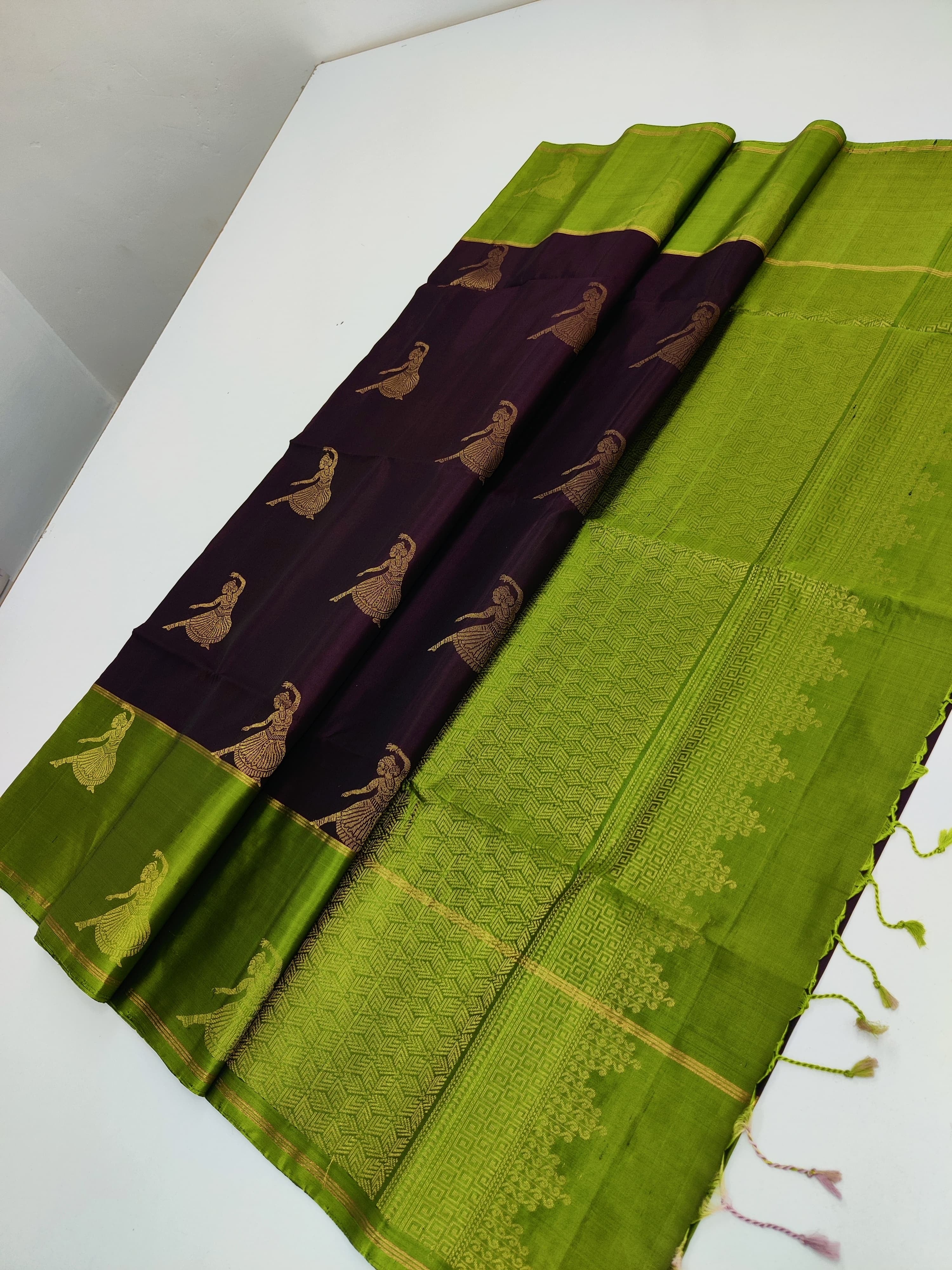 Classic Coffee Brown & Lime Green Elegance Handloom Soft Silk Saree SS24089