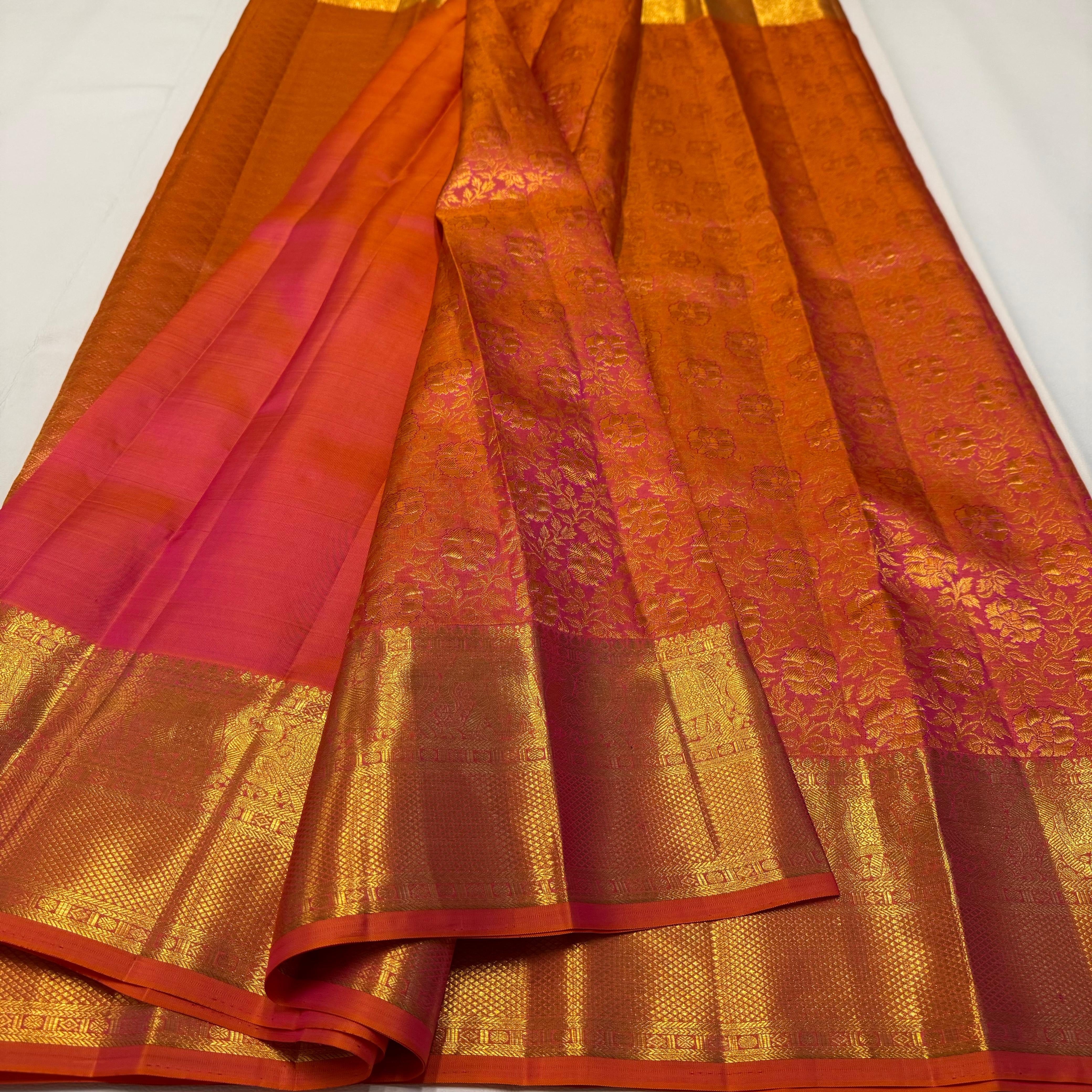 Classic Orange Pink Bridal 1gm Zari Elegance Kanchipuram Handloom Silk Saree SS23678