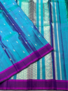 Classic Peacock Blue & Fuchsia Pink 2gm Zari Kanchipuram Handloom Silk Saree SS26502