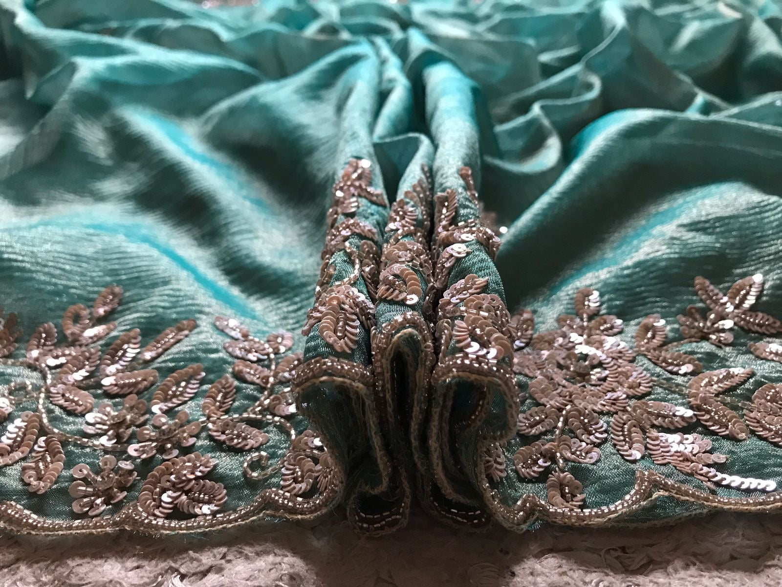 Classic Tinted Blue Handwork Elegance Crushed Tissue Silk Saree SS25698